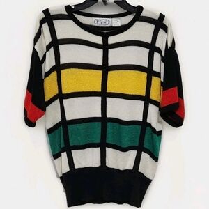 Vtg 80s P'Galli Women's L Mondrian Style Colorblock Stripe Short Sleeve Sweater